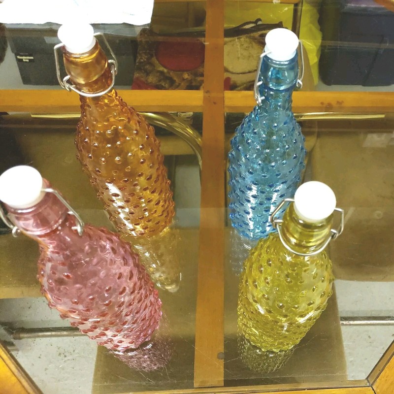 Set of (4) Multi Colored Decorative Glass Bottles With Top Stoppers