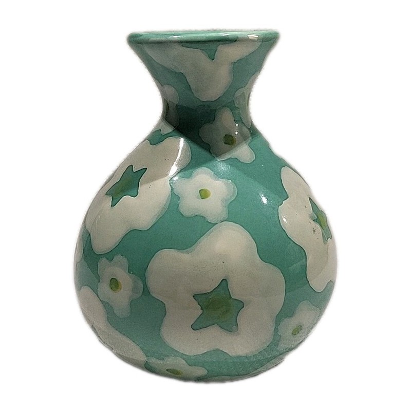 Anthropologie Ceramic Vase Turquoise White Flower Pattern Small Bud Vase No Damg