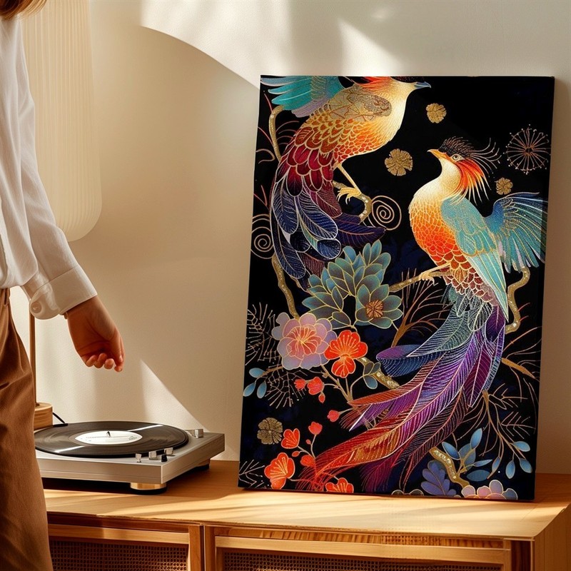 Wall Art Colorful Exotic Birds Floral Black Background Canvas Print Modern Decor gallery
