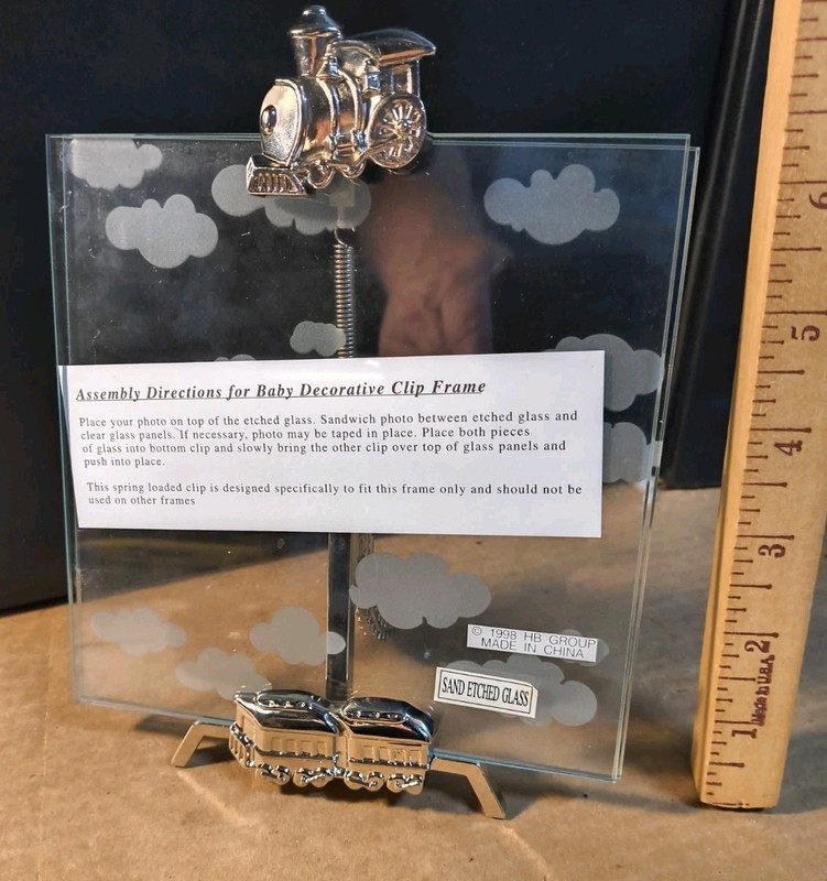 Silver photo frame 6×6” Locomotive on top And Bottom. Etched Clouds – Back Plate