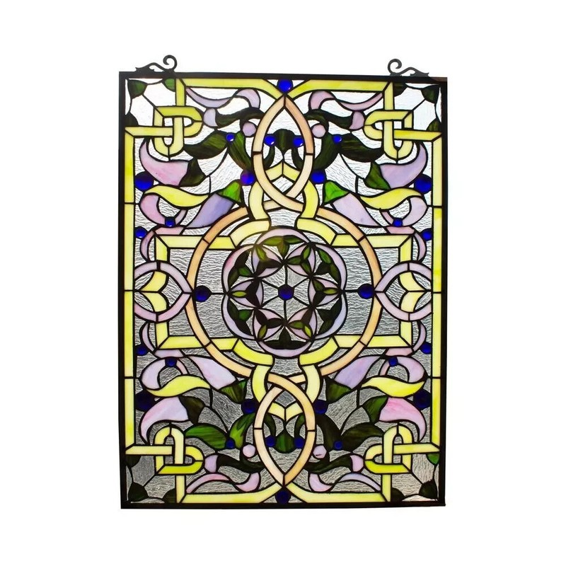Stained Glass Window Panel Art Nouveau Floral Tiffany Style 18″ W x 25″ T