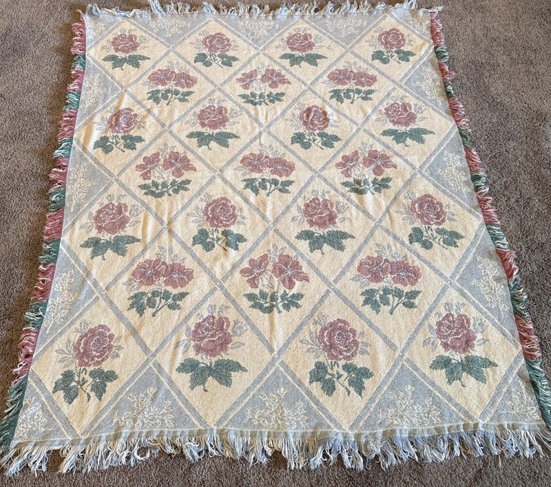 Vtg Cottagecore Rose Floral Woven Tapestry Throw Blanket Fringe 53×46 Grandma