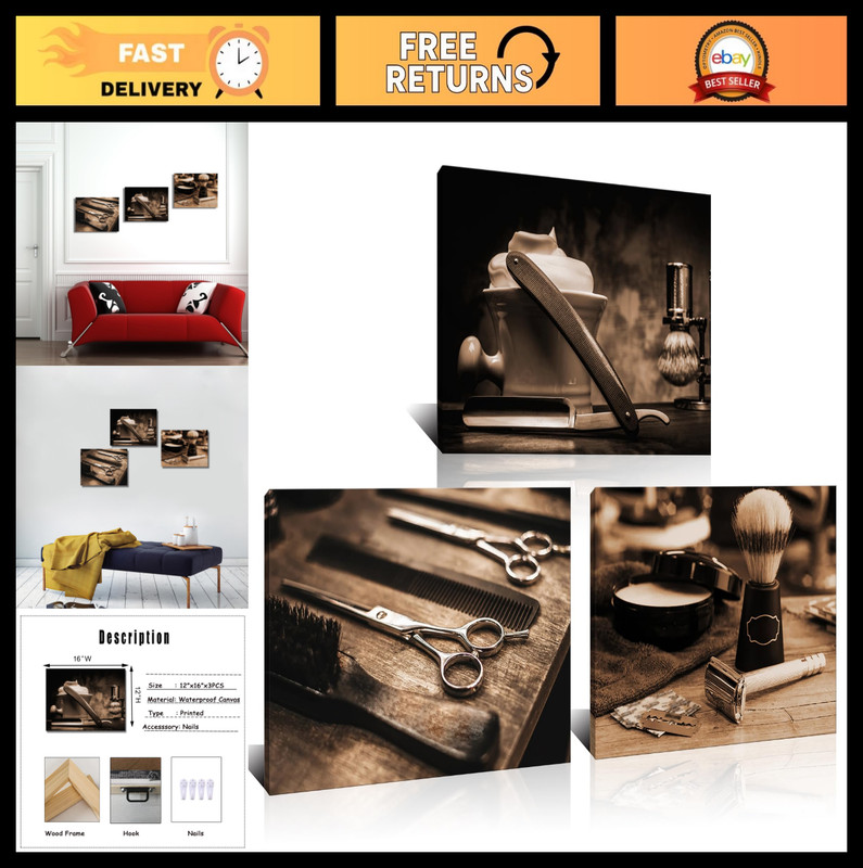Vintage Barber Shop Canvas Wall Art Set – Barber Scissors & Haircut Tools Decor,