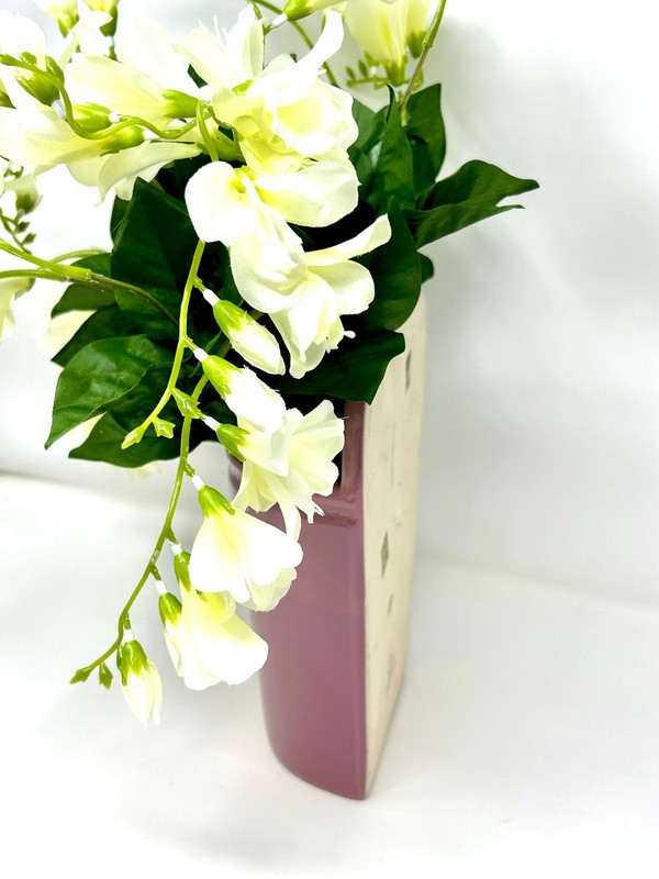 16" Vintage HANGING Pink Dragonfly Ceramic WALL POCKET, Silk White Freesia flowe gallery