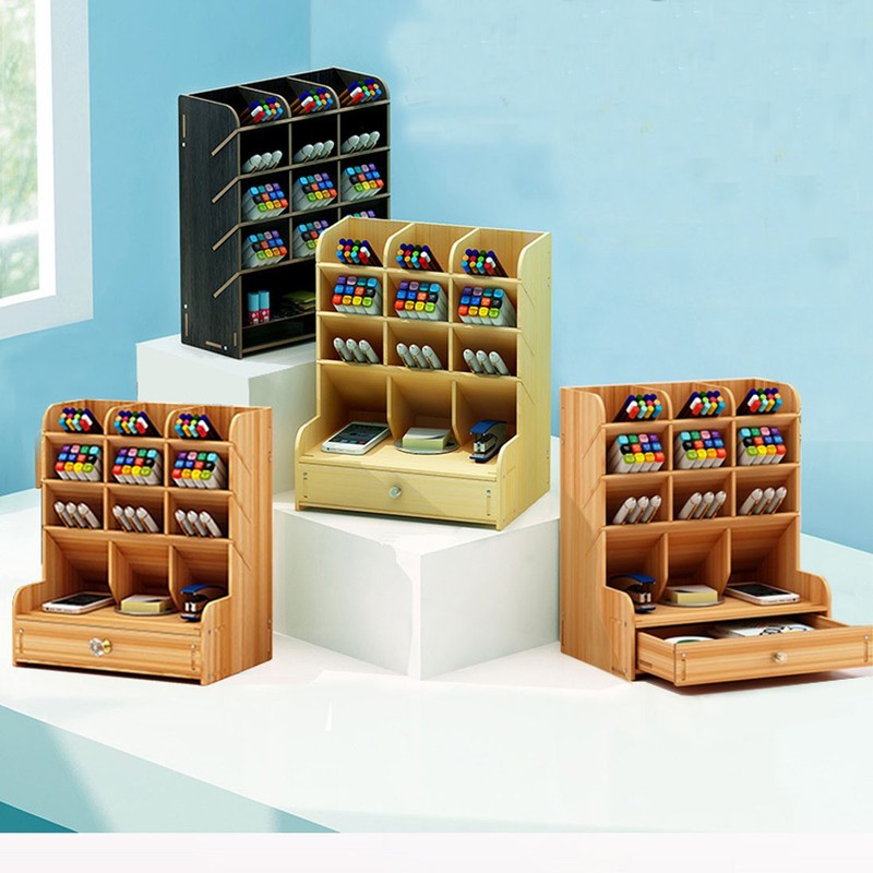 1Pc Wooden Desk Organizer Multifunctional Desktop Stationery Pen Holder Box Blac gallery