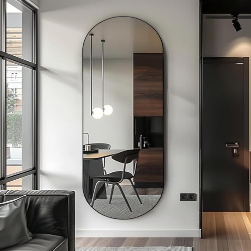 Arched Full Length Floor Mirror, Oval Full Floor Mirror, 64″L x 21″W Black