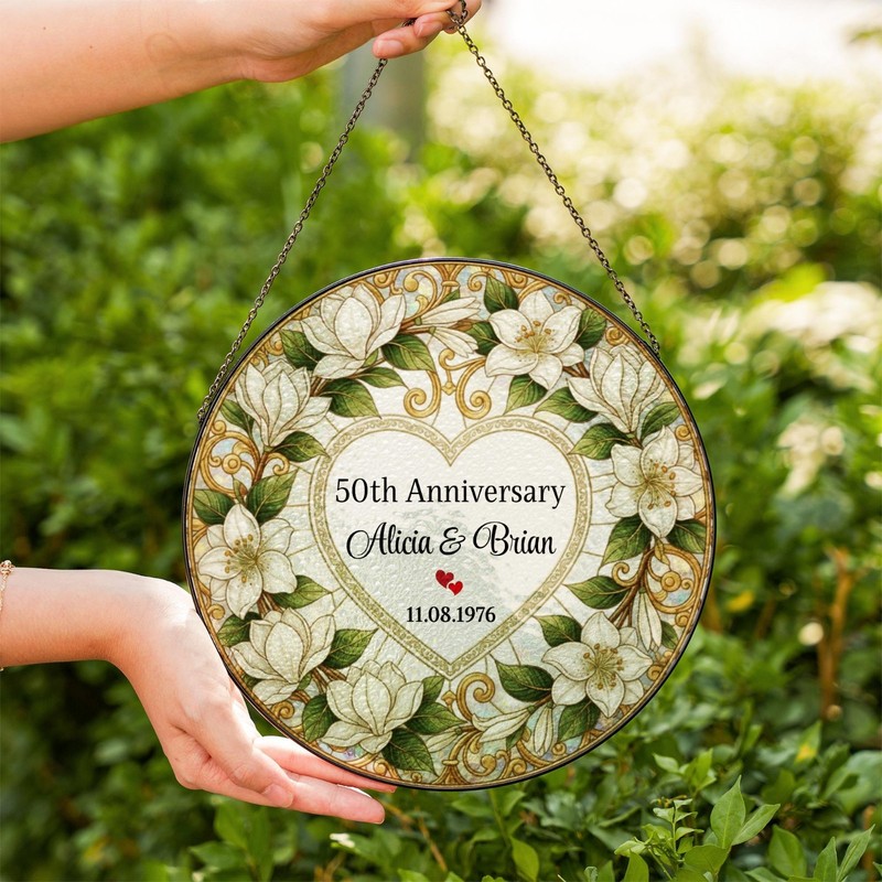 Personalized Anniversary Gift for Couple, Stained Glass Style Suncatcher