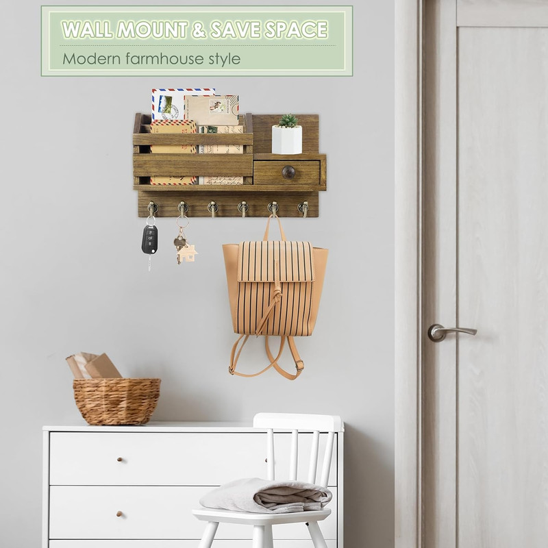 VIS'V Key Holder Wall Mount, Wooden Mail and Key Organizer with Drawer and Shelf gallery
