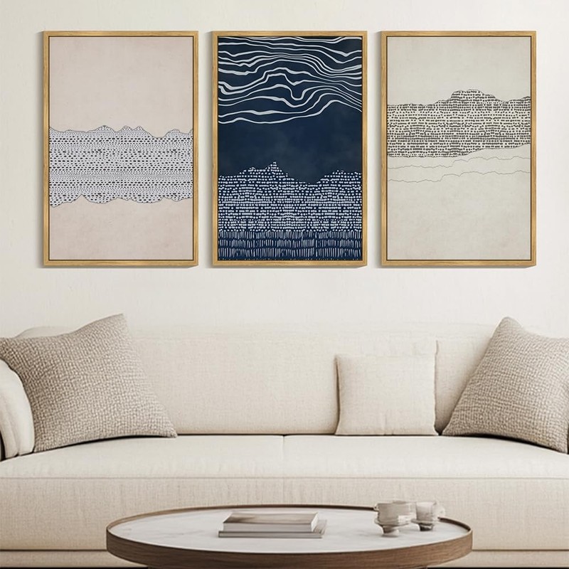 Navy Blue Abstract Shapes Framed Canvas Wall Art Minimalist Wooden Pastel Boh…