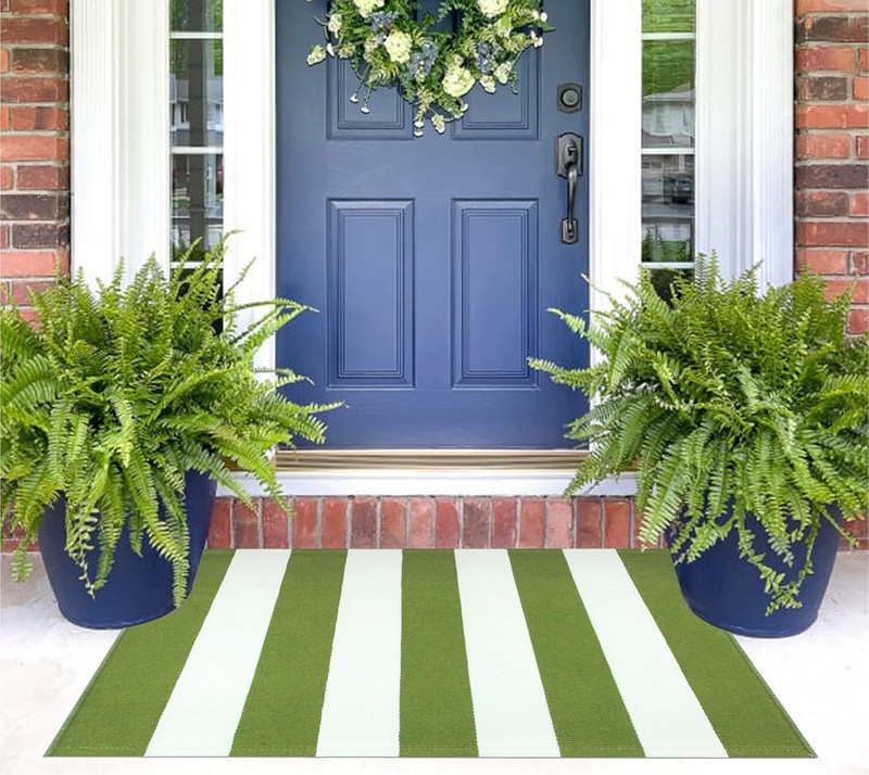 Green and White Layered Door Mats 2x3ft, Striped Outdoor Rug Cotton Woven