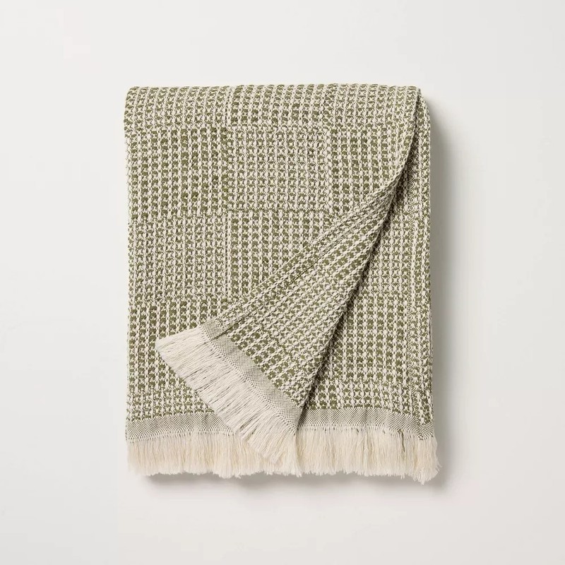 Hearth & Hand Magnolia Throw Blanket Checkered Knit Green Neutral Farmhouse