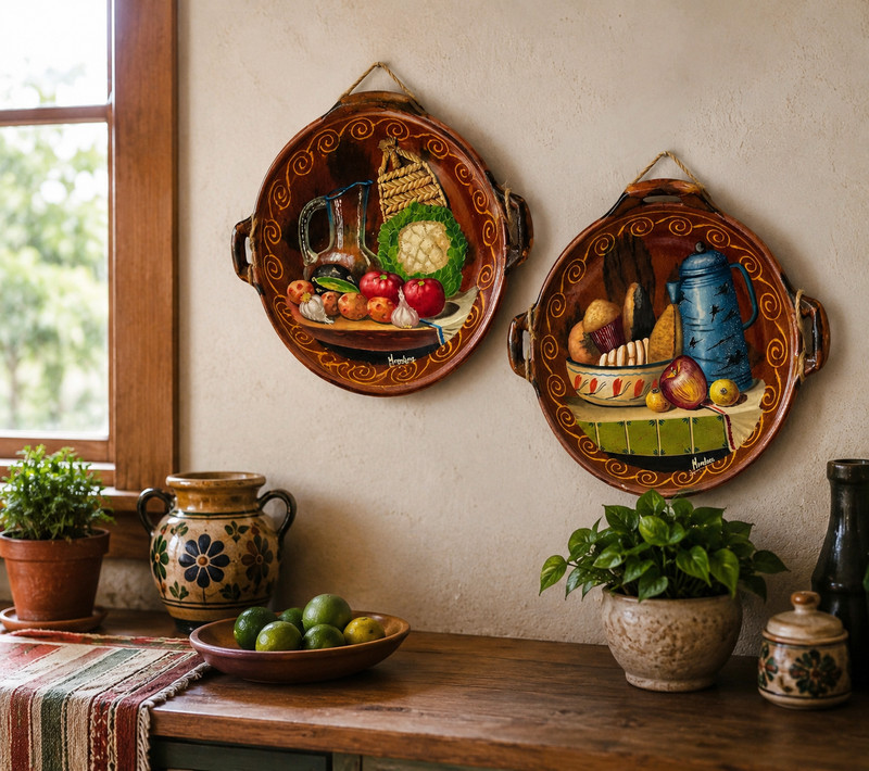 Mexican Folk Art Clay Wall Platters Signed Mendoza Set of 2 Decor