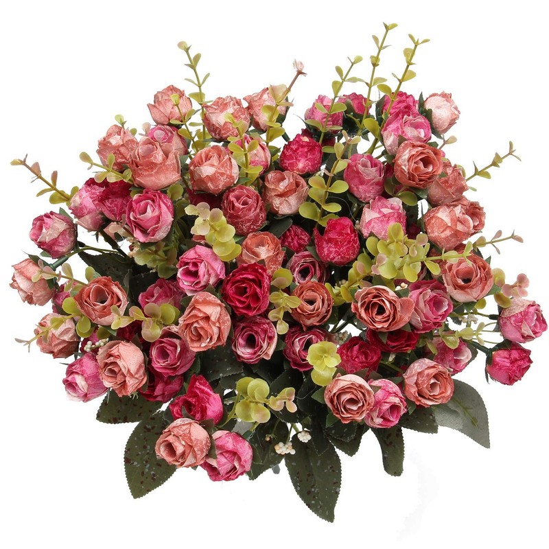 4 PCS Rose Red 21 Heads Artificial Silk Mini Rose Flower Bridal Bouquet
