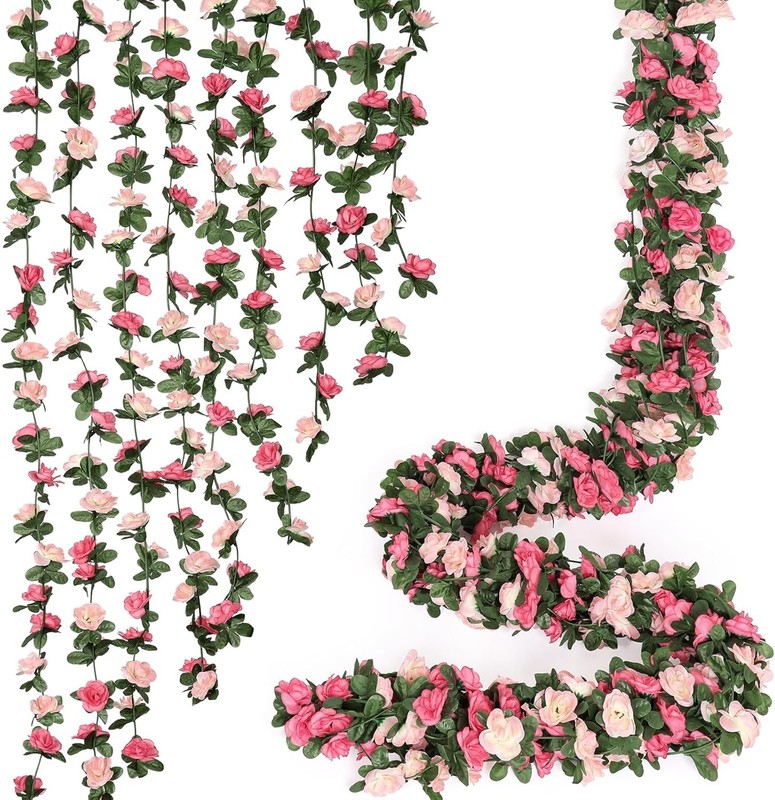 18 Pack 144 FT Artificial Flower Garland, Fake Pink Roses Vines Silk Flowers