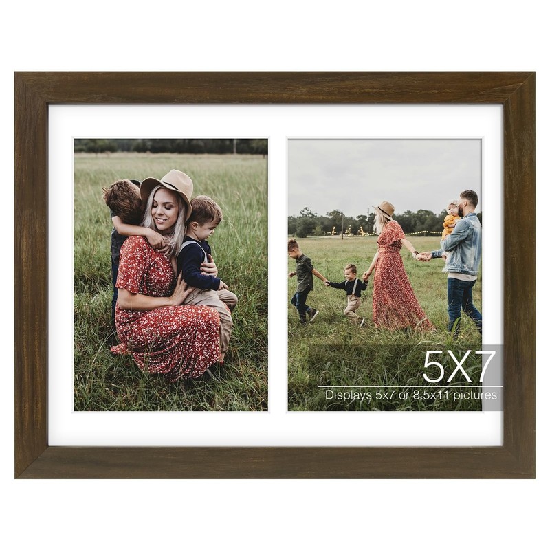Brown Double 5×7 Solid Wood Collage Frame 2 Photos Mat Tempered Glass Wall Decor