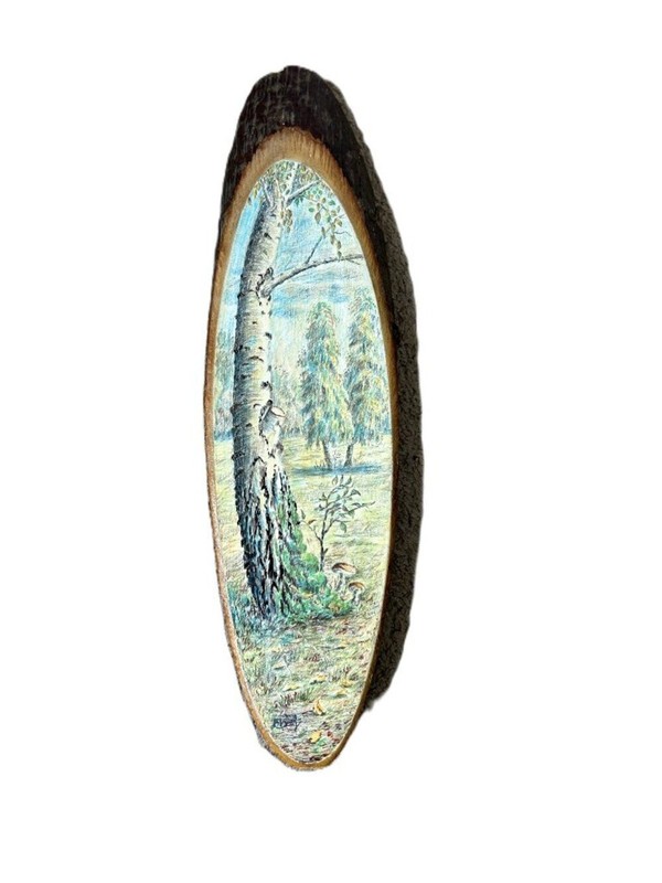 Birch Tree Art on Natural Wood Slice Round MCM gallery