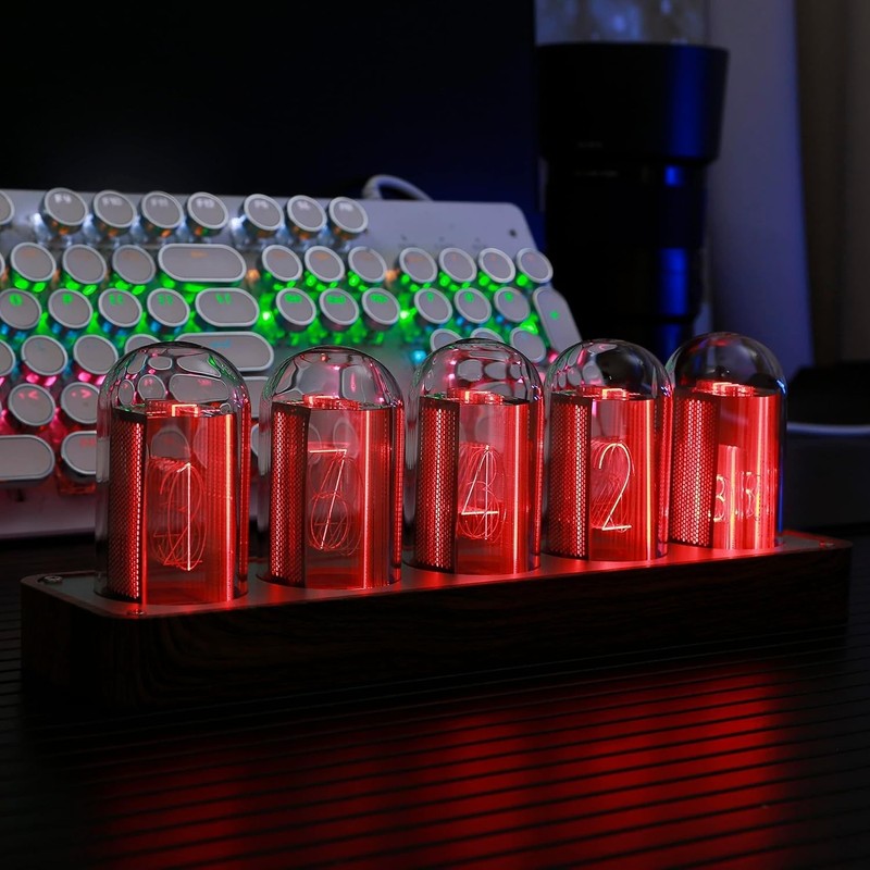 Retro Nixie Tube Clock with Wi-Fi Sync, Alarm & Timer – Wood Grain Design