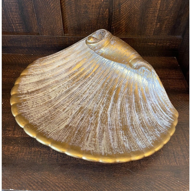 Large Gold Seashell Bowl Coastal Decor | Distressed Wash Shell Dish Centerpiece gallery