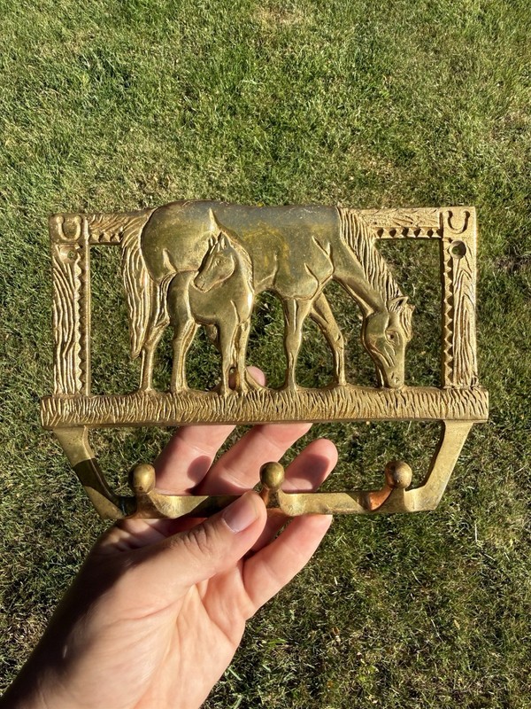 Vintage Brass Key Rack with Horses Wall Rack Foal Horse Art Three Hooks 5”x 8”