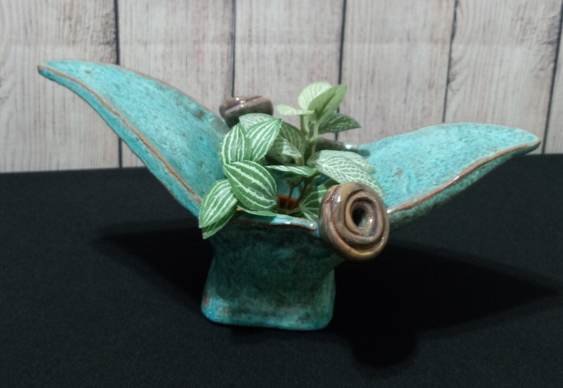 Handmade, Aqua Green Sculpture Art Piece Planter, Conversation Piece. Red Clay gallery