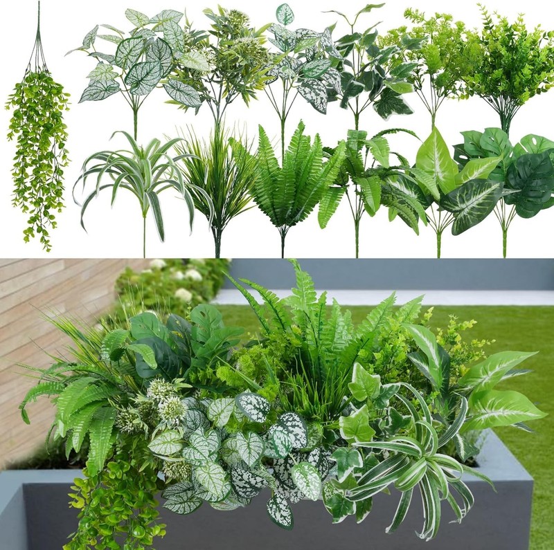 19Pcs Artificial Plants Outdoor UV Resistant Fake Shrubs Bushes Plastic Green…