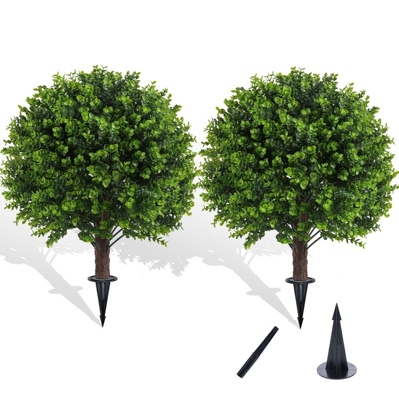 Artificial Boxwood Topiary Outdoor Plants with Spike, 2 Pack Faux Bushes UV R…