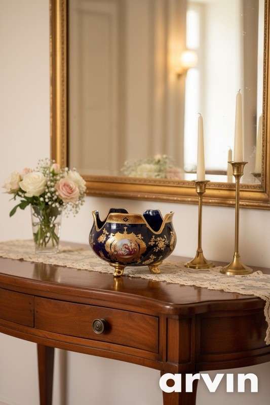 New”Vintage Cobalt Blue Porcelain Footed Bowl Hand Painted Gold Trim 6” Decor gallery