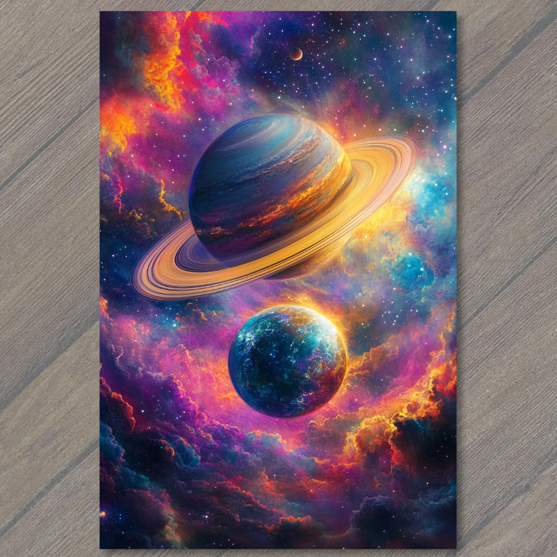 Art Print Colorful Outer Space Planets Saturn Rings Psychedelic Alien Cosmos