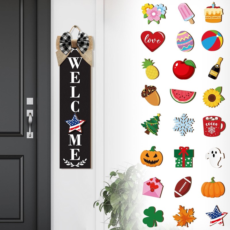 Holiday Interchangeable Welcome Sign for Front Door Wood Porch Sign with 24 P…