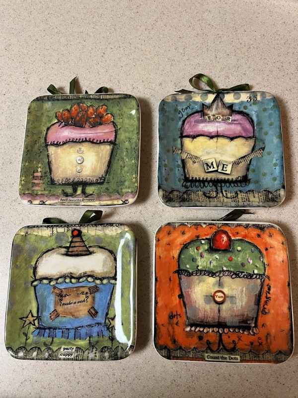 4 CUPPIES 4.5″ Mini Plates Square Cupcake Dessert Birthday MWW Market Lisa Kaus