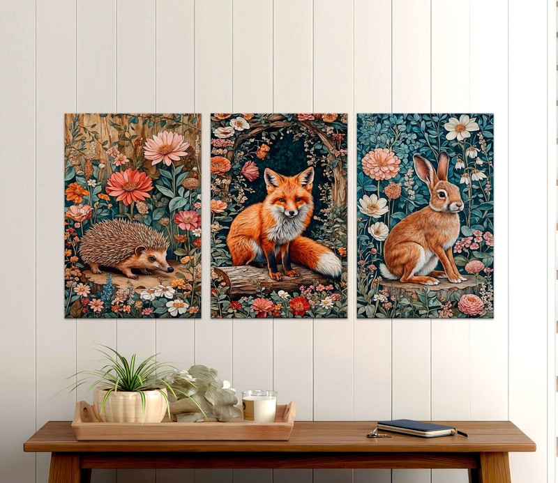 William Morris Canvas Prints, Set of 3 Fox - Rabbit - Hedgehog Canvas Wall art gallery