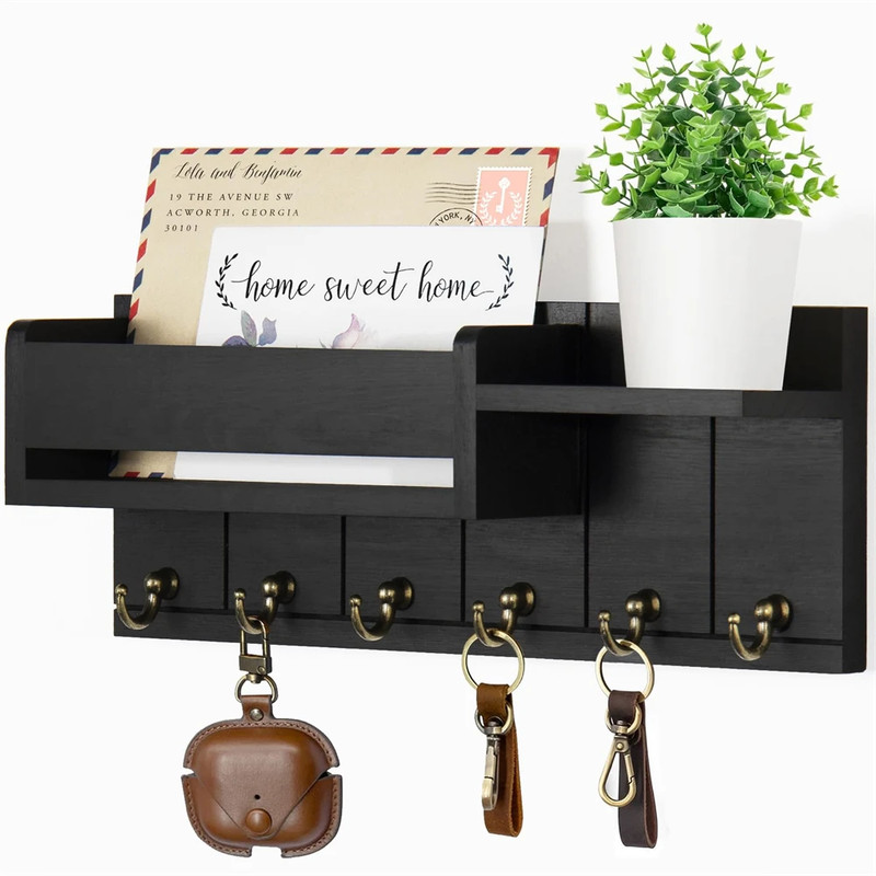 Wall-Mounted Key Holder & Mail Organizer with Hooks – Entryway Storage & Decor