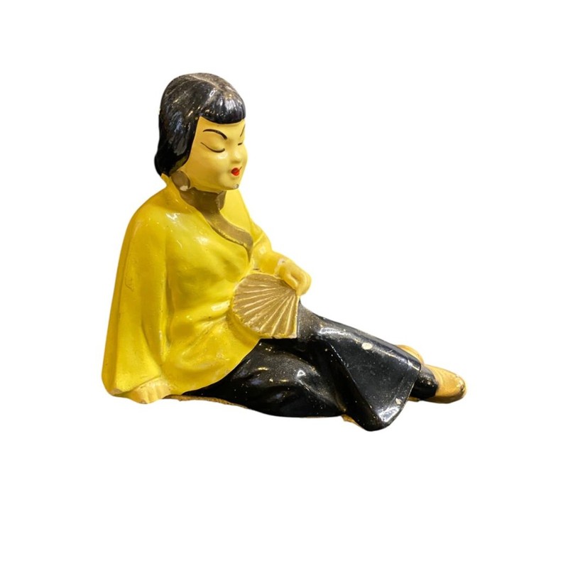 Midcentury Asian Chalkware Figurine Woman Sitting with Fan 5″l x 4″h