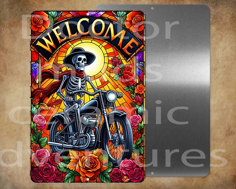 WELCOME SKELETON BIKER 8 x 12″ metal sign Made n USA