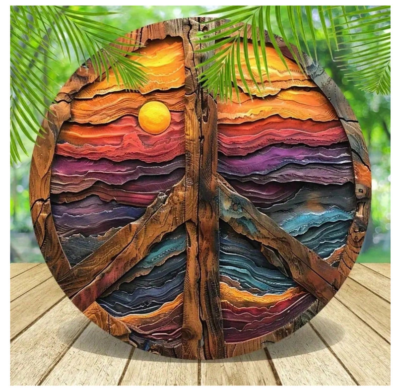 Vintage Peace Sign Wall Art, 8×8 Inch Iron Metal Plaque, Colorful Floral Design,