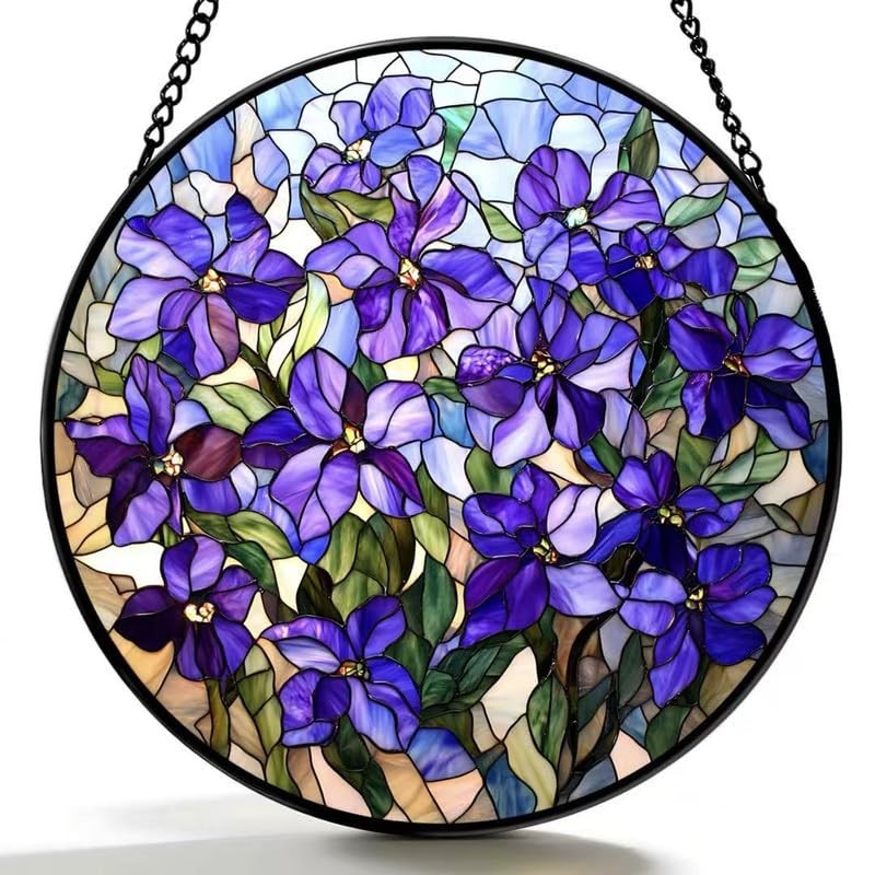 Lilac Stained Glass Suncatcher – Round Purple Flower Window Decor Gift