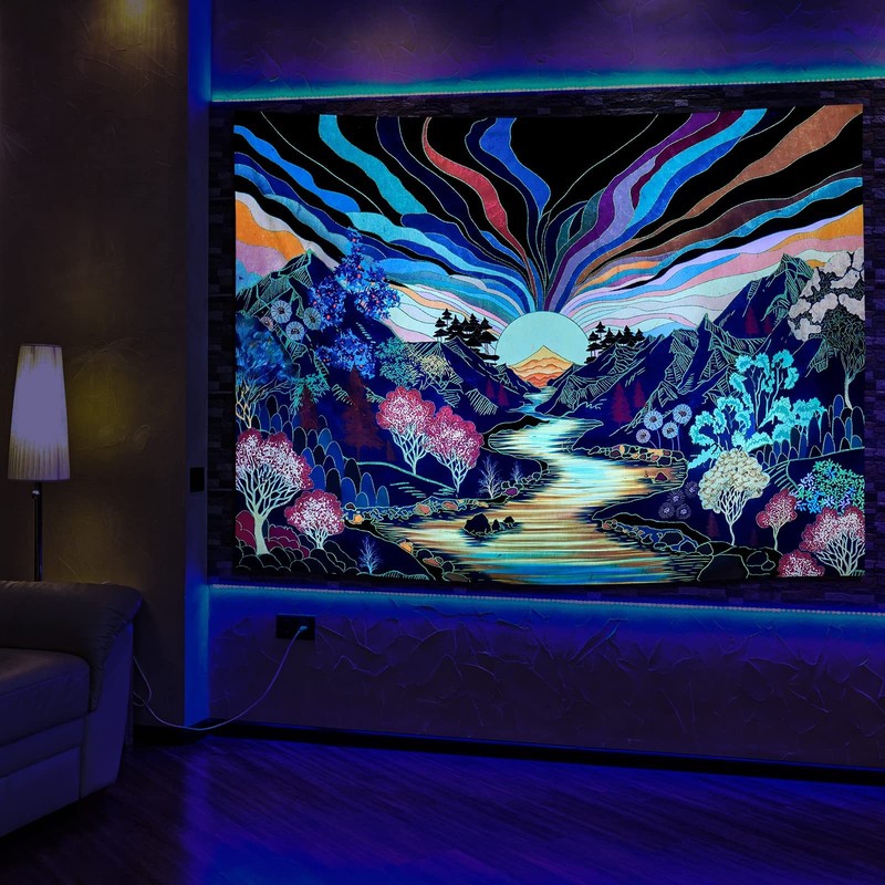 Blacklight Forest Mountain Tapestry Sun Tapestry UV Reactive Retro Landscape gallery