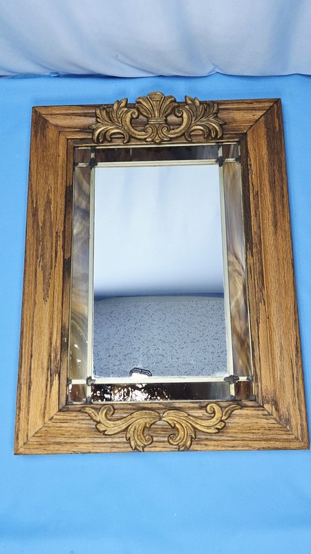 Vintage Carved Wood Leaded Stained Slag Glass Side Panel Mirror 25×15″ Wall