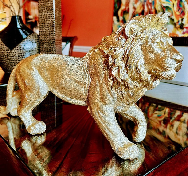 Gold Lion Figurine Decorative Collectible Home Decor Sculpture Resin 19Inch Long