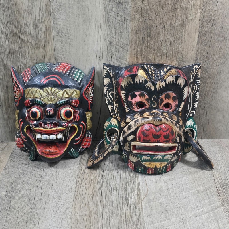 (2)Mask Wood Balinese Dragon Barong Singh Lion Decor Carved Painted Wall Hanging