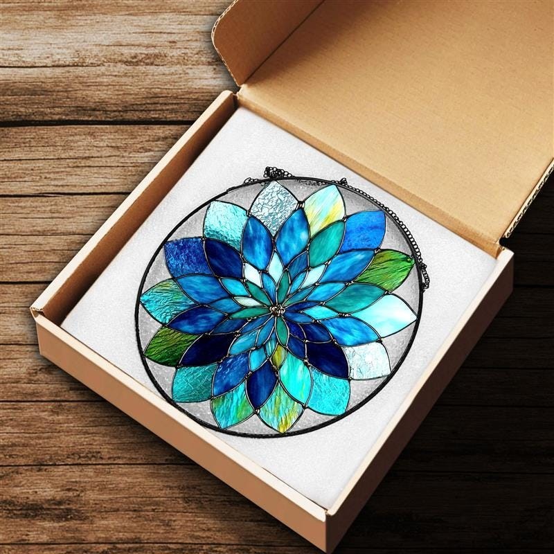Blue & Green Mandala Leaves Glass Suncatcher, Blue Leaves Window Hanging Decor gallery