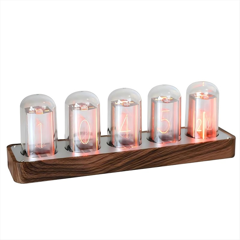Retro Nixie Tube Clock with Wi-Fi Sync, Alarm & Timer - Wood Grain Design gallery