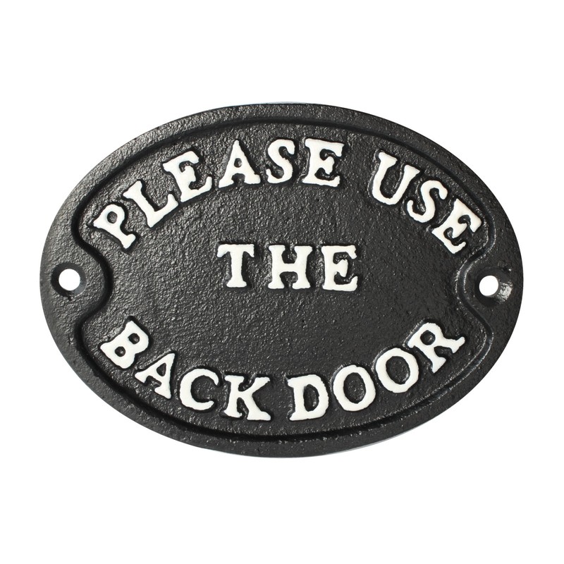 Please Use The Back Door Oval Cast Iron Plaque Sign Embossed Black 4 3/4 inch