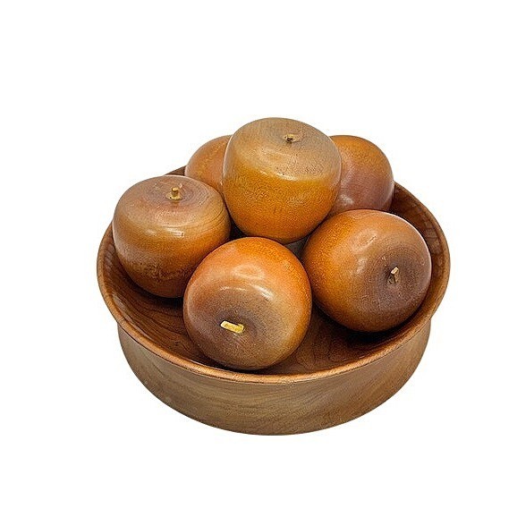 Vintage Hand Carved Wooden Fruit Set 6 Apples and Pedestal Bowl Centerpiece