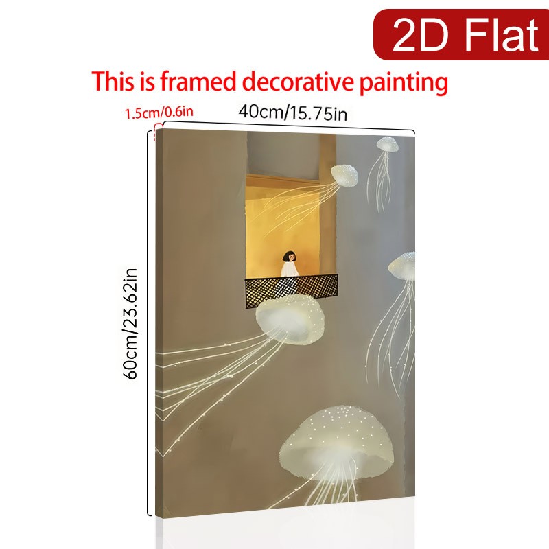 Surreal Jellyfish and Girl on Balcony Canvas Wall Art, Dreamy Fantasy Home Decor gallery