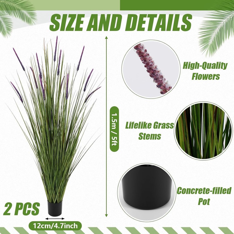 2 Pack Artificial Grass Plants, 5ft Tall Fake Lavender Plants Grass Indoor gallery