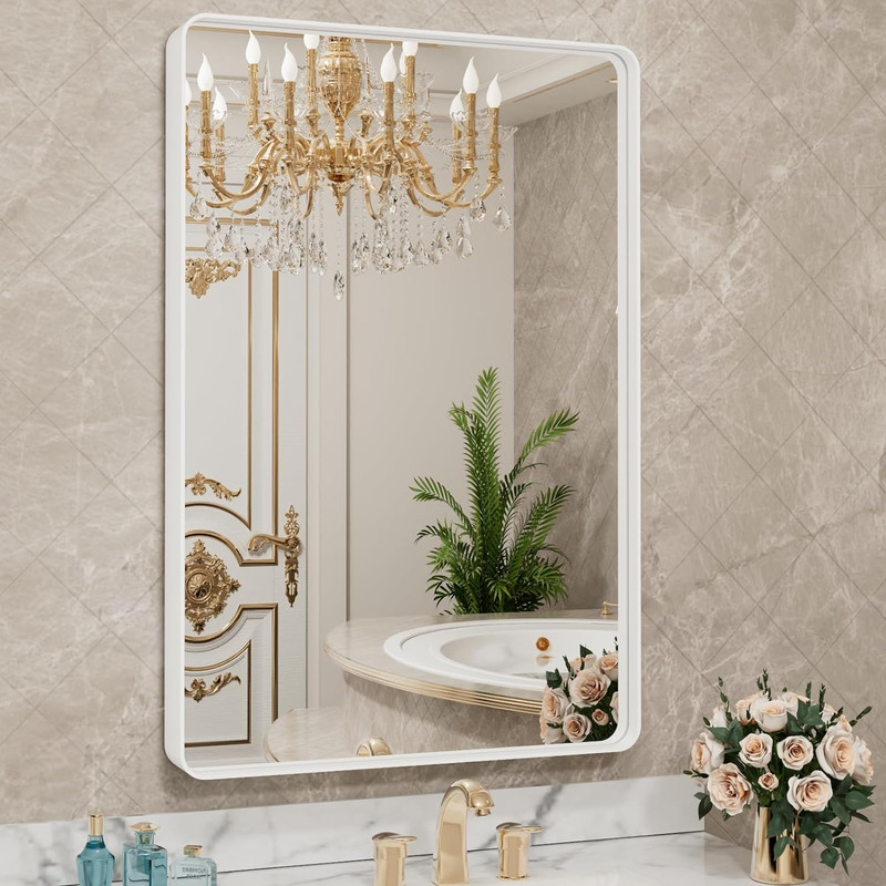 Large White Metal Framed Bathroom Mirror – Versatile & Anti-Rust Design