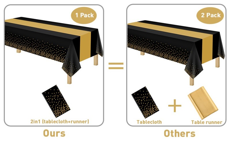 3 Pack 2in1 Disposable Plastic Tablecloths 54" x 108" Black and Gold Dot Kitchen gallery