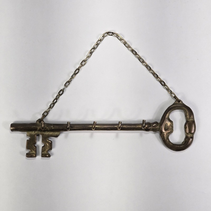 Vintage 1960s Era Mid Century Brass Skeleton Key Wall Hook With Chain Hanger