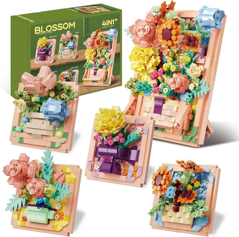 Flowers Building Set for Women – Lego-Compatible 4 in 1 3D Flower Picture Frames